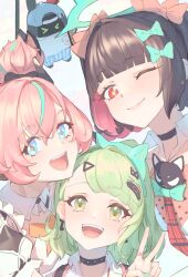  3girls :d ;d angels_of_delusion aria_(zenless_zone_zero) bangboo_(zenless_zone_zero) biggest_fan_(zenless_zone_zero) black_choker blue_eyes bow choker commentary_request earrings green_bow green_eyes green_hair green_nails hair_bow hair_ornament hairclip halo highres jewelry multicolored_hair multiple_girls musical_note_earrings nangong_yu necktie one_eye_closed open_mouth pink_bow pink_hair red_eyes red_necktie simple_background smile streaked_hair sunna_(zenless_zone_zero) tinyen_wang v white_background zenless_zone_zero 