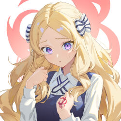  1girl blonde_hair blue_eyes bow command_spell cross_tie dl_(dl_6ix) dress fate/strange_fake fate_(series) hair_bow hair_ornament haruri_borzak highres long_hair long_sleeves looking_at_viewer open_mouth shirt striped_bow 