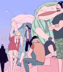  1girl 6+boys abs back beard bird black_hair black_hat blonde_hair blue_eyes blueno commentary_request crossed_arms dress eyewear_on_head facial_hair fukurou_(one_piece) green_hair green_necktie hair_slicked_back hat hattori_(one_piece) jabra_(one_piece) jacket jacket_on_shoulders kaku_(one_piece) kalifa_(one_piece) kumadori_(one_piece) leg_hair long_hair long_nose multiple_boys necktie one_piece overalls pigeon pink_hair ponytail red_dress red_necktie rob_lucci short_hair sidelocks sitting socks striped_clothes sutaneko vertical-striped_clothes zipper 