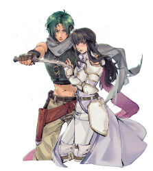  1boy 1girl absurdres arm_around_shoulder armor astrid_(fire_emblem) bare_arms black_hair brown_eyes cape commission commissioner_upload dagger fingerless_gloves fire_emblem fire_emblem:_radiant_dawn gloves green_hair green_vest grey_scarf highres holding holding_dagger holding_knife holding_weapon knife ko-fi_commission looking_at_viewer nervous non-web_source outstretched_arm pauldrons pudelmudel purple_cape scarf shoulder_armor sothe_(fire_emblem) vest weapon yellow_eyes 