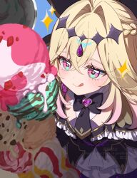  1girl :q antenna_hair black_capelet black_dress blonde_hair blush brooch capelet closed_mouth commentary cure_arcana_shadow diamond_hairband dress earrings food frilled_capelet frills hair_intakes heart heart_brooch highres ice_cream jewelry long_hair looking_at_food magical_girl meitantei_precure! mint_chocolate moria_luluka multiple_scoops nara_nakiri pink_eyes precure purple_veil smile solo tongue tongue_out too_many too_many_scoops untranslatable_commentary veil very_long_hair 