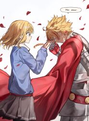  1boy 1girl absurdres ahoge armor blonde_hair blue_eyes braid braided_ponytail cape chocolatown closed_eyes collared_shirt command_spell commentary_request cowboy_shot falling_petals fate/strange_fake fate_(series) french_text glasses hetero highres holding_hands long_hair medium_hair multicolored_hair petals red_streaks richard_i_(fate) sajou_ayaka_(fate/strange_fake) shirt side_braid single_braid skirt speech_bubble streaked_hair sweater white_background 