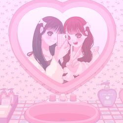  2girls :d blunt_bangs blush bow cellphone closed_mouth commentary_request cosmetics eyelashes faucet fingernails floral_print hair_bow highres holding holding_phone indoors long_hair long_sleeves looking_at_phone mirror multiple_girls nekomaru0817 open_mouth original pastel_colors phone pink_hair pink_nails pink_theme portrait purple_hair selfie shirt sink smartphone smile soap_bottle teeth v 