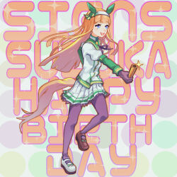  1girl animal_ears asymmetrical_footwear black_gloves black_pantyhose blue_eyes blunt_bangs blush bow character_name ear_covers gloves green_sailor_collar green_sleeves hairband happy_birthday hawawa_(hawawauma) highres hime_cut holding holding_relay_baton horse_ears horse_girl horse_tail long_hair long_sleeves mismatched_footwear open_mouth orange_hair orange_tail pantyhose pleated_skirt relay_baton sailor_collar silence_suzuka_(innocent_silence)_(umamusume) silence_suzuka_(umamusume) skirt smile solo tail umamusume white_hairband white_skirt 