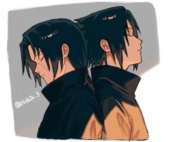  2boys back-to-back black_hair brothers closed_eyes closed_mouth commentary_request cropped_torso from_side hotata_3 long_hair male_focus multiple_boys naruto_(series) parted_lips ponytail profile siblings twitter_username uchiha_itachi uchiha_sasuke 