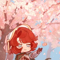  1girl blue_eyes blue_shirt blue_sky cape cherry_blossoms chibi closed_mouth commentary_request day falling_petals flower gauntlets green_cape hand_up hat highres looking_at_flowers marsha_(reverse:1999) official_art outdoors petals pink_flower red_hair reverse:1999 shirt short_hair sky smile solo tree upper_body white_hat 