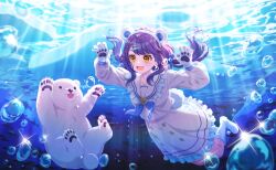  1girl :d air_bubble animal_ears animal_hands bear bear_ears bear_girl bear_tail blue_hair blue_neckerchief blush boots bubble collarbone commentary_request dress fake_animal_ears fish frilled_dress frills game_cg gloves hair_ornament hairclip highres light_rays long_hair long_sleeves neckerchief non-web_source official_art open_mouth polar_bear purple_hair sailor_collar sailor_dress seal_(animal) self-datamine smile solo tail underwater white_dress world_dai_star yanagiba_panda yellow_eyes 