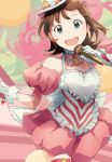  1girl amami_haruka apron bowtie brown_hair bustier detached_sleeves gloves green_eyes hat idolmaster microphone open_mouth puffy_short_sleeves puffy_sleeves short_sleeves singing skirt smile solo striped striped_bowtie white_gloves yoshito 