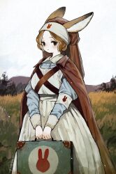  1girl absurdres animal_ears armband black_eyes blue_shirt briefcase brown_cloak brown_hair buttons cloak collared_shirt commentary_request cowboy_shot field grass grey_streaks hat highres holding holding_briefcase long_skirt long_sleeves looking_at_viewer multicolored_hair muted_color no_nose original pale_skin rabbit_ears rabbit_girl sakutake_(ue3sayu) shirt signature skirt sleeve_cuffs strap streaked_hair white_skirt 