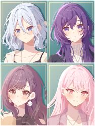  1other 25-ji_nightcord_de._(project_sekai) 3girls akiyama_mizuki asahina_mafuyu bare_shoulders black_camisole black_jacket black_ribbon black_shirt blue_eyes blush braid brown_eyes brown_hair camisole collarbone collared_jacket column_lineup commentary dot_nose double-parted_bangs earrings eyelashes flower flower_earrings gem green_background grid_lineup hair_between_eyes hair_over_shoulder hair_ribbon half_updo hand_up jacket jacket_partially_removed jellyfish_cut jewelry kanzaki_tsuki lapels light_smile long_hair looking_at_viewer multicolored_eyes multiple_girls necklace official_alternate_costume official_alternate_hair_length official_alternate_hairstyle open_clothes open_jacket orange_jacket other_focus parted_lips pearl_(gemstone) pearl_earrings pearl_necklace pink_eyes pink_hair pink_jacket portrait project_sekai purple_hair ribbed_shirt ribbon see-through_clothes see-through_jacket see-through_sleeves shinonome_ena shirt short_hair side_braid single_braid sleeveless sleeveless_shirt swept_bangs thick_eyelashes turtleneck turtleneck_shirt two-tone_eyes upper_body violet_eyes wavy_hair white_flower white_hair white_jacket white_ribbon white_shirt yoisaki_kanade zozotown 