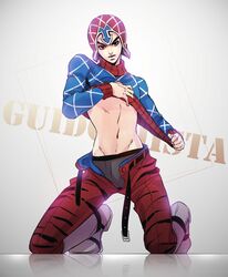  1boy guido_mista hat igawa jojo_no_kimyou_na_bouken midriff solo unbuckled_belt 