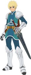  1boy aqua_pants aqua_shirt aqua_tunic armor armored_boots artist_request belt blonde_hair blue_eyes blue_tunic boots brown_belt closed_mouth commentary flynn_scifo flynn_scifo_(imperial_knights_lieutenant) full_body game_cg gauntlets highres holding holding_sword holding_weapon knee_boots looking_at_viewer male_focus official_alternate_costume official_art pants sheath sheathed shirt short_hair shoulder_armor silver_armor simple_background smile solo standing sword tales_of_(series) tales_of_asteria tales_of_vesperia third-party_source transparent_background tunic vambraces weapon 
