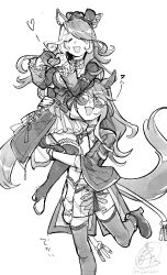  2girls absurdres animal_ears breasts choker closed_eyes ears_through_headwear facial_mark fedora forever_young_(umamusume) gloves greyscale hair_between_eyes hair_ornament hat heart heart_facial_mark heart_hands heart_on_cheek highres horse_ears horse_girl horse_tail jacket jewelry lifting_person long_hair loves_only_you_(9927_wishes)_(umamusume) loves_only_you_(umamusume) medium_breasts monochrome multiple_girls open_mouth shirt shorts shorts_under_skirt skirt smile sunglasses tail takatsuki_nato thigh-highs tinted_eyewear umamusume 