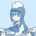  1girl akemi_homura ange animal_hug animal_on_head bags_under_eyes black_hair bow cat cat_on_head hairband long_hair mahou_shoujo_madoka_magica school_uniform solo too_many_cats 