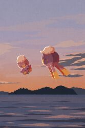  absurdres amazora_owl_02 blush closed_eyes closed_mouth clouds ditto drifblim drifloon evolutionary_line flying highres holding no_humans ocean outdoors pokemon pokemon_(creature) pokemon_focus pokemon_pokopia sky smile solid_circle_eyes sunset water 
