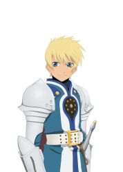  1boy armor artist_request belt blonde_hair blue_eyes blue_surcoat cape closed_mouth commentary cowboy_shot flynn_scifo game_cg gauntlets looking_to_the_side male_focus official_art sheath sheathed short_hair shoulder_armor silver_armor simple_background smile solo standing sword tales_of_(series) tales_of_asteria tales_of_vesperia third-party_source transparent_background vambraces weapon white_belt 