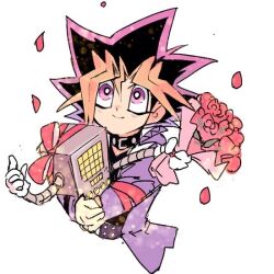  1boy artist_request falling_petals flower holding holding_robot looking_up mettaton muto_yugi non-web_source petals red_flower red_ribbon red_rose ribbon robot rose spiky_hair undertale utdr_(toby_fox) violet_eyes white_background yami_yugi yu-gi-oh! 