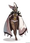  1girl beltbra breasts cape contrapposto crossed_legs dark_skin full_body guilty_gear guilty_gear_xrd hand_on_hip hat highres long_hair one_eye_closed orange_eyes penelope_and_me ramlethal_valentine short_shorts shorts silver_hair solo standing thigh_strap toes under_boob white_background wide_hips 