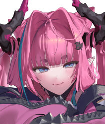  1girl arknights arknights:_endfield blue_eyes commentary_request dragon_girl dragon_horns hair_intakes highres horns long_sidelocks looking_at_viewer multicolored_hair pointy_ears portrait sidelocks smile solo straight-on streaked_hair ukimesato yvonne_(arknights) 