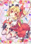  1girl blonde_hair blush flandre_scarlet flower garter_straps grey_legwear hand_to_own_mouth hat open_mouth red_eyes riichu sitting solo thigh-highs thigh_strap touhou wariza wings wrist_cuffs 