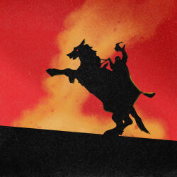  1boy barding burning cinco_a_eme crown ganon ganondorf gerudo helmet highres horse male_focus paper_texture red_eyes silhouette the_legend_of_zelda twilight yellow_eyes 