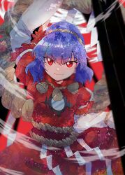  1girl closed_mouth hair_ornament highres itomugi-kun layered_sleeves leaf leaf_hair_ornament long_sleeves looking_at_viewer maple_leaf onbashira purple_hair red_eyes red_shirt red_skirt rope shide shimenawa shirt short_over_long_sleeves short_sleeves skirt smile solo touhou yasaka_kanako 