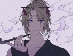  1girl bangs_pinned_back black_kimono commentary_request folded_ponytail gingin_nak gintama highres holding holding_smoking_pipe japanese_clothes kimono kiseru korean_commentary kunai kunai_hair_ornament scar scar_on_cheek scar_on_face sleeveless sleeveless_kimono smoking_pipe solo tsukuyo_(gintama) weapon 