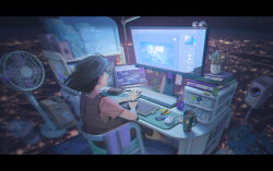  1girl at_computer bag black_border black_eyes black_hair book book_stack bookmark bookshelf border bottle box brown_dress cable cardboard_box chair charger chinese_commentary cityscape commentary_request computer computer_keyboard computer_mouse cup desk_lamp display_case drawer drawing_(action) drawing_tablet dress drink earrings electric_fan eraser feet_out_of_frame figure from_behind handheld_electric_fan hanxiaodan highres holding holding_stylus jar jewelry lamp letterboxed looking_at_screen medium_dress medium_hair midair monitor mousepad_(object) mug night notepad object_request original outdoors pen pen_holder pinafore_dress pink_shirt pink_socks plant potted_plant profile recursion rug scarf scenery screen_light shirt shopping_bag short_sleeves sitting sleeveless sleeveless_dress smile socks solo spray_bottle sticky_note stylus table tablet_pc trash_can unworn_scarf 