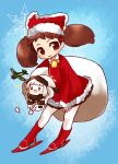  2girls :d airplane brown_eyes brown_hair carrying chibi dress hat highres horns kantai_collection kobone long_hair looking_at_viewer mittens multiple_girls northern_ocean_hime open_mouth ryuujou_(kantai_collection) santa_costume santa_hat shikigami shinkaisei-kan smile thigh-highs twintails white_dress white_hair 