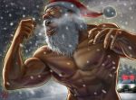  2014 2boys beard biceps breath bust christmas dated facial_hair foreshortening hat manly matataku multiple_boys muscle old_man open_mouth original pectorals police police_car santa_claus santa_hat shirtless signature snowing solo_focus topless veins white_hair 
