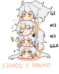  4girls ahoge asmoday_(genshin_impact) chibi closed_eyes closed_mouth crossover curly_hair dna_kayoko english_commentary english_text expressionless genshin_impact hair_between_eyes hair_flowing_over hair_ornament halo happy head_tilt head_wings headband herrscher_of_the_end highres honkai_(series) honkai_gakuen honkai_impact_3rd human_stacking in-franchise_crossover kiana_kaslana kiana_kaslana_(herrscher_of_the_void) kugimiya_rie leaning_to_the_side light_smile long_hair looking_down looking_to_the_side mihoyo multiple_girls notice_lines open_mouth orange_eyes sleeping sparkle star_(symbol) tao_dian wavy_hair white_background white_hair wings zzz 