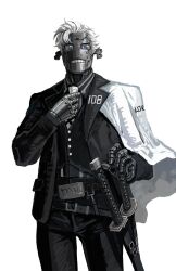  1boy absurdres adjusting_clothes adjusting_necktie belt black_pants black_suit cape commentary cowboy_shot english_commentary guilty_gear guilty_gear_strive highres joints katana looking_at_viewer male_focus necktie pants robo-ky robot robot_joints simple_background solo suit sword weapon white_background white_cape white_hair white_necktie yanmanxplore 