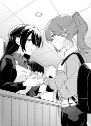  2girls amazaki_airi apron backpack bag barista blush cafe collared_shirt commentary_request greyscale highres holding_hands indoors kashikaze long_hair looking_at_another mikake_wa_chou_seiso_na_haraguro_joshi_ni_moteasoberu_hanashi monochrome multiple_girls official_art parted_lips ponytail second-party_source shirt smile sweat yuri yusa_ouka 