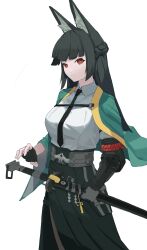  1girl absurdres animal_ear_fluff animal_ears aqua_jacket arm_out_of_sleeve black_gloves black_hair black_necktie closed_mouth commentary english_commentary fingerless_gloves fox_ears fox_girl gauntlets gloves high-waist_skirt highres hoshimi_miyabi jacket katana long_hair looking_at_viewer necktie red_eyes sheath sheathed shirt simple_background single_fingerless_glove single_gauntlet skirt solo sword weapon weather0820 white_background white_shirt zenless_zone_zero 