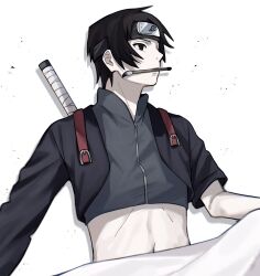  1boy absurdres asymmetrical_sleeves black_eyes black_hair black_headband black_jacket black_vest commentary_request cropped_jacket cropped_vest headband highres holding holding_scroll jacket konohagakure_symbol male_focus midriff naruto_(series) naruto_shippuuden navel paintbrush_in_mouth pale_skin parted_bangs sai_(naruto) scroll short_hair solo sword sword_on_back upper_body vest weapon weapon_on_back white_background xxx_oi7 