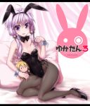 1girl ahoge animal_ears bare_shoulders black_legwear blush bowtie breasts bunnysuit character_doll cleavage cocytus_(wind_master) detached_collar doll high_heels long_hair looking_at_viewer low_twintails open_mouth pantyhose purple_hair rabbit_ears small_breasts smile solo tsurumaki_maki twintails violet_eyes vocaloid wrist_cuffs yuzuki_yukari 