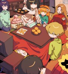  aqua_sweater beanie black_hair blonde_hair bob_cut bowl brown_hair calendar_(object) charon_(project_moon) commentary_request crt dante_(limbus_company) dark-skinned_female dark_skin don_quixote_(project_moon) food fruit green_sweater hat highres indoors ishmael_(project_moon) jitome kotatsu limbus_company long_hair mandarin_orange medium_hair nr6nzqrcgf60864 orange_hair pom_pom_(clothes) pom_pom_beanie project_moon purple_hair red_sweater rodion_(project_moon) short_hair sinclair_(project_moon) smile soup sweater table television under_kotatsu under_table watching_television yi_sang_(project_moon) 