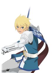  1boy armor artist_request belt blonde_hair blue_eyes blue_surcoat cape commentary cowboy_shot fighting_stance flynn_scifo game_cg gauntlets holding holding_sword holding_weapon looking_at_viewer lower_teeth_only male_focus official_art open_mouth short_hair shoulder_armor silver_armor simple_background solo sword tales_of_(series) tales_of_asteria tales_of_vesperia teeth third-party_source transparent_background vambraces weapon white_belt 