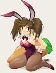  1girl bare_shoulders blush bowtie breasts brown_eyes brown_hair brown_legwear bunny_girl bunny_tail bunnysuit carrot cleavage detached_collar food_in_mouth hair_bobbles hair_ornament high_heels long_hair mouth_hold original oversized_object pantyhose popsicle purple_shoes ranbu_hararin sitting solo tail wariza wrist_cuffs 