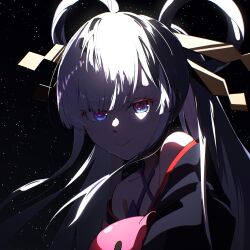  1girl aha1120750 blue_eyes cho_kaguya-hime! closed_mouth commentary_request hair_ornament hair_rings hair_stick highres long_hair looking_at_viewer off_shoulder partial_commentary runami_yachiyo solo star_(sky) starry_sky_background twintails upper_body violet_eyes white_hair 