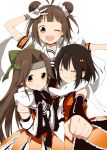  3girls black_gloves blush bow brown_eyes brown_hair closed_eyes detached_sleeves double_bun elbow_gloves female gloves grin hair_bow hair_ornament headband jintsuu_(kantai_collection) kantai_collection long_hair looking_at_viewer multiple_girls naka_(kantai_collection) one_eye_closed open_mouth outstretched_arm rin_(royal) scarf school_uniform sendai_(kantai_collection) serafuku shared_scarf short_hair simple_background smile v white_background white_gloves 