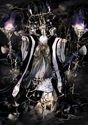  1girl absurdres between_fingers black_background black_hair black_kimono candle candlestand colored_skin commentary_request covered_eyes crossed_bangs eye_mask facing_viewer fire full_body gold_choker grey_skin hair_between_eyes halo hashihime highres holding holding_mallet holding_nail horns japanese_clothes kimono light_particles long_hair long_hair_between_eyes long_sleeves looking_at_viewer mallet mask mirror mouth_hold nail_(hardware) obi original purple_fire purple_lips ribbon-trimmed_sleeves ribbon_trim rope sash seigaiha shimenawa smoke solo standing straight-on straw_doll two-tone_kimono very_long_hair voodoo_doll white_kimono wide_sleeves y!_(y83_oishi) yellow_horns yellow_sash 