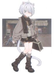  1girl absurdres animal_ears bicycle black_boots black_scarf black_shorts black_skirt boots briefcase center_frills clauvio_(vtuber) commentary english_commentary freckles frills full_body grey_jacket grey_socks hair_over_one_eye highres holding indie_virtual_youtuber jacket kneehighs long_sleeves looking_at_viewer massimo mouse_ears mouse_girl mouse_tail open_clothes open_jacket scarf shirt short_hair short_shorts shorts skirt sleeves_past_wrists socks solo standing tail virtual_youtuber 