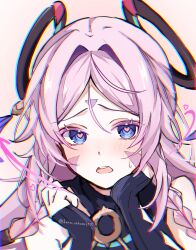  1girl bare_shoulders blue_eyes blush braid citlali_(genshin_impact) commentary_request facial_mark floating_headgear forehead_mark genshin_impact hair_ornament haru_sakura3915 headgear heart heart-shaped_pupils highres long_hair open_mouth pink_hair pink_pupils portrait raised_inner_eyebrows ring_hair_ornament simple_background solo symbol-shaped_pupils triangle triangle_facial_mark twin_braids 