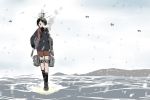  1girl aircraft black_legwear cannon imai_tetsuya kantai_collection kneehighs machinery mogami_(kantai_collection) ocean scarf school_uniform short_hair snowing solo turret 