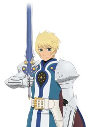  1boy armor artist_request belt blonde_hair blue_eyes blue_surcoat cape closed_mouth commentary cowboy_shot flynn_scifo game_cg gauntlets holding holding_sword holding_weapon looking_at_viewer male_focus official_art short_hair shoulder_armor silver_armor simple_background smile solo standing sword tales_of_(series) tales_of_asteria tales_of_vesperia third-party_source transparent_background vambraces weapon white_belt 