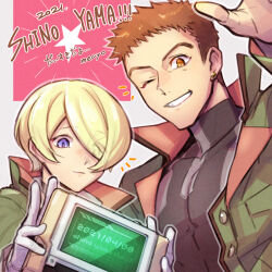  2boys blonde_hair character_name closed_mouth collarbone commentary_request covered_pectorals dated earrings green_jacket gundam gundam_tekketsu_no_orphans highres holding holding_tablet_pc jacket jewelry male_focus mecyo_(mamezurushiki) multiple_boys norba_shino one_eye_closed pectorals short_hair sideburns tablet_pc translation_request waving yamagi_gilmerton 