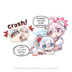  5girls @_@ blue_archive blush breasts bun_cover character_name cherino_(blue_archive) cherino_(qipao)_(blue_archive) chibi commentary cropped_torso crying donmin_h double_bun dress english_commentary english_text fake_facial_hair fake_mustache flower flying_sweatdrops grey_hair hair_between_eyes hair_bun hair_flower hair_ornament halo hard_hat helmet large_breasts marina_(blue_archive) marina_(qipao)_(blue_archive) minori_(blue_archive) multiple_girls no_nose official_art pink_hair pink_halo red_flower speech_bubble tomoe_(blue_archive) tomoe_(qipao)_(blue_archive) v-shaped_eyebrows white_dress 