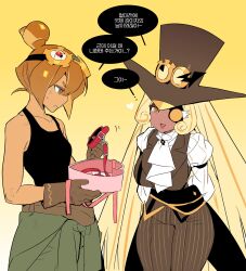  2girls :d arms_behind_back arrow_(symbol) ascot bare_arms bare_shoulders black_tank_top blonde_hair box breasts brown_eyes brown_gloves brown_hair brown_hat brown_pants brown_vest clothes_around_waist collar collarbone colored_eyelashes commentary_request cookie_run cookie_run:_ovenbreak cowboy_shot croissant_cookie curly_sidelocks dark-skinned_female dark_skin dot_nose dual_persona eyepatch food-themed_hair from_side gloves goggles goggles_on_head goggles_on_headwear green_jacket hair_between_eyes hair_bun hat heart heart-shaped_box highres holding holding_box holding_collar humanization implied_selfcest implied_yuri jacket jacket_around_waist juliet_sleeves korean_commentary korean_text lapels large_breasts large_hat leaning_forward leash long_hair long_sleeves looking_at_another looking_at_object looking_down multicolored_hair multiple_girls notched_lapels ohta_guk_hip one_eye_covered open_mouth orange_hair orange_streaks pants parted_lips pinstripe_pants pinstripe_pattern profile puffy_sleeves red_collar shirt short_hair sidelocks sideways_mouth simple_background single_hair_bun small_breasts smile speech_bubble standing straight_hair streaked_hair sweatdrop tank_top tareme thick_thighs thighs timekeeper_cookie tinted_eyewear tongue top_hat translation_request triangle_mouth tsurime unworn_collar v-shaped_eyebrows vertical-striped_sleeves very_long_hair vest white_ascot white_shirt yellow-framed_eyewear yellow-tinted_eyewear yellow_background yellow_eyes 