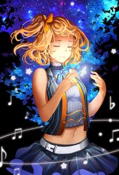  1girl breasts closed_eyes highres kote-sensei kousaka_honoka love_live!_school_idol_project midriff musical_note navel orange_hair short_hair side_ponytail sky sleeveless solo star_(sky) starry_sky treble_clef 